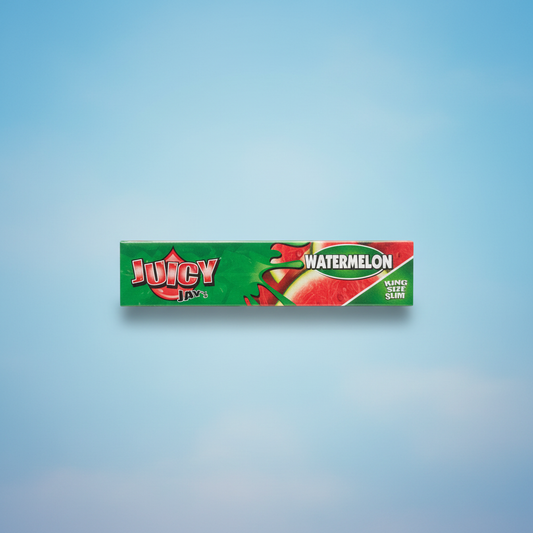Juicy Jay's Watermelon King Size flavoured rolling papers pack on blue background