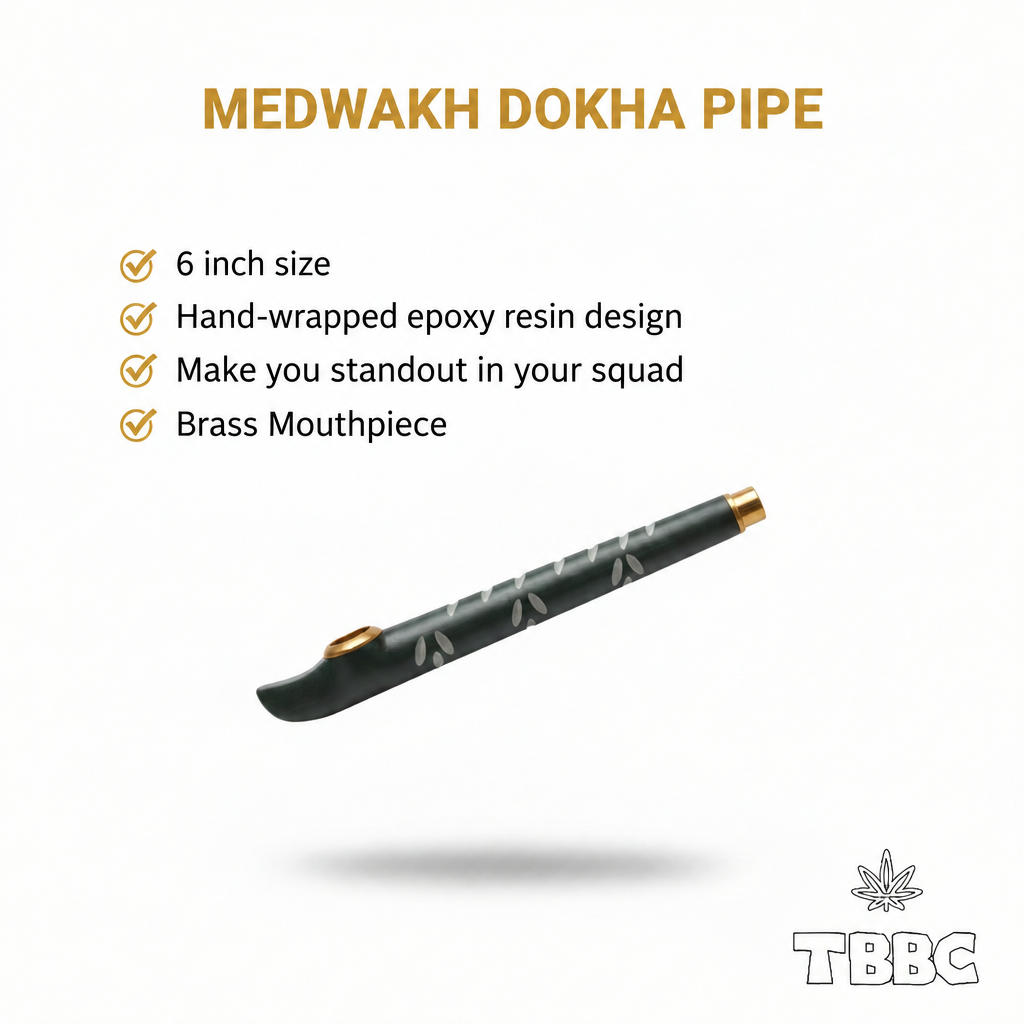 Medwakh Dokha Pipe Grey Smoke Drip infographic showing 6 inch size, hand-wrapped epoxy resin body, brass mouthpiece and brass bowl cup