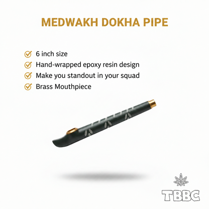 Medwakh Dokha Pipe Grey Smoke Drip infographic showing 6 inch size, hand-wrapped epoxy resin body, brass mouthpiece and brass bowl cup
