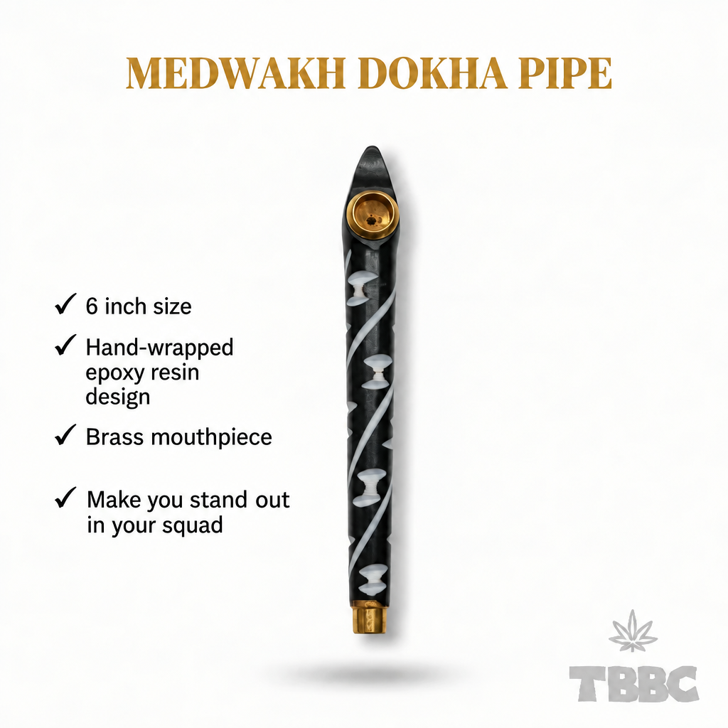 Medwakh Dokha Pipe Black infographic showing 6 inch size, hand-wrapped epoxy resin body, brass bowl cup and brass mouthpiece