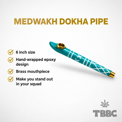 Medwakh Dokha Pipe Blue Aqua Wrap infographic showing 6 inch size, hand-wrapped epoxy resin body, brass bowl cup and brass mouthpiece