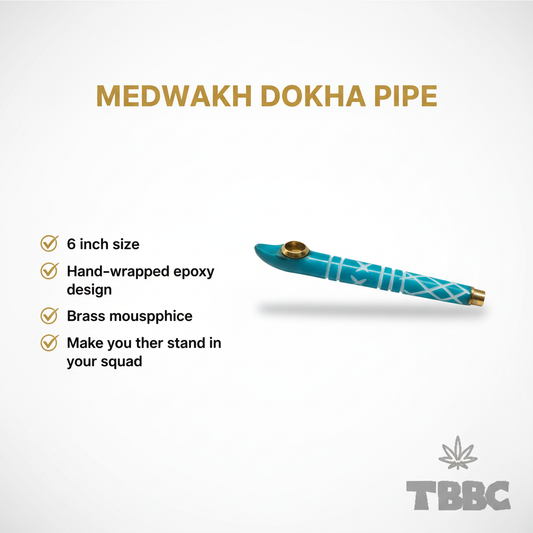 Medwakh Dokha Pipe Blue Aqua Wrap infographic showing 6 inch size, hand-wrapped epoxy resin body, brass bowl cup and brass mouthpiece