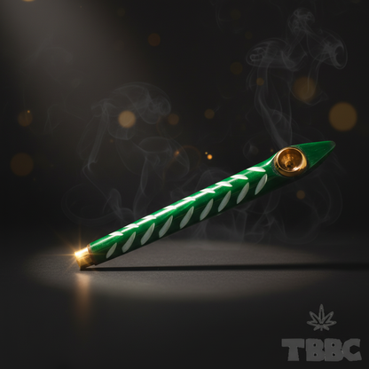Medwakh Dokha Pipe Green Emerald Drip on dark luxury background with brass bowl cup and brass mouthpiece