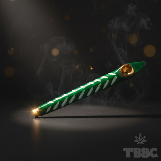 Medwakh Dokha Pipe Green Emerald Drip on dark luxury background with brass bowl cup and brass mouthpiece