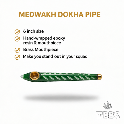 Medwakh Dokha Pipe Green Emerald Drip infographic showing 6 inch size, hand-wrapped epoxy resin body, brass bowl cup and brass mouthpiece