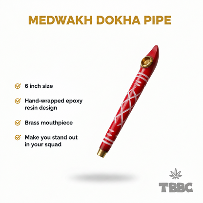 Medwakh Dokha Pipe Red infographic showing 6 inch size, hand-wrapped epoxy resin body, brass mouthpiece and brass bowl cup