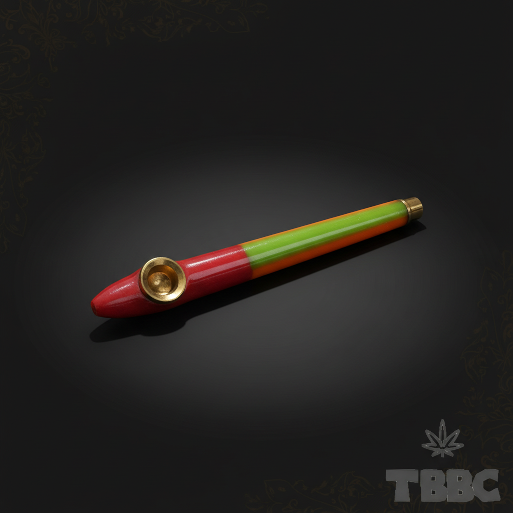 Medwakh dokha pipe red green orange epoxy resin wrap with brass mouthpiece, premium smoking accessory on dark luxury background