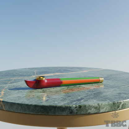 Medwakh dokha pipe red green orange resin design with brass mouthpiece on marble sky background, 6 inch premium smoking pipe