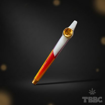 Medwakh dokha pipe white red yellow epoxy resin wrap with brass mouthpiece, premium smoking accessory on dark luxury background