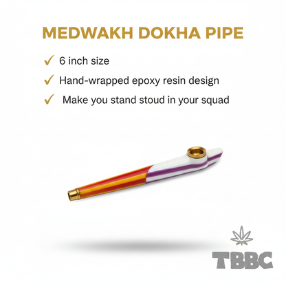 Medwakh dokha pipe 6 inch with white red yellow epoxy resin wrap and brass mouthpiece, premium smoking accessory pipe