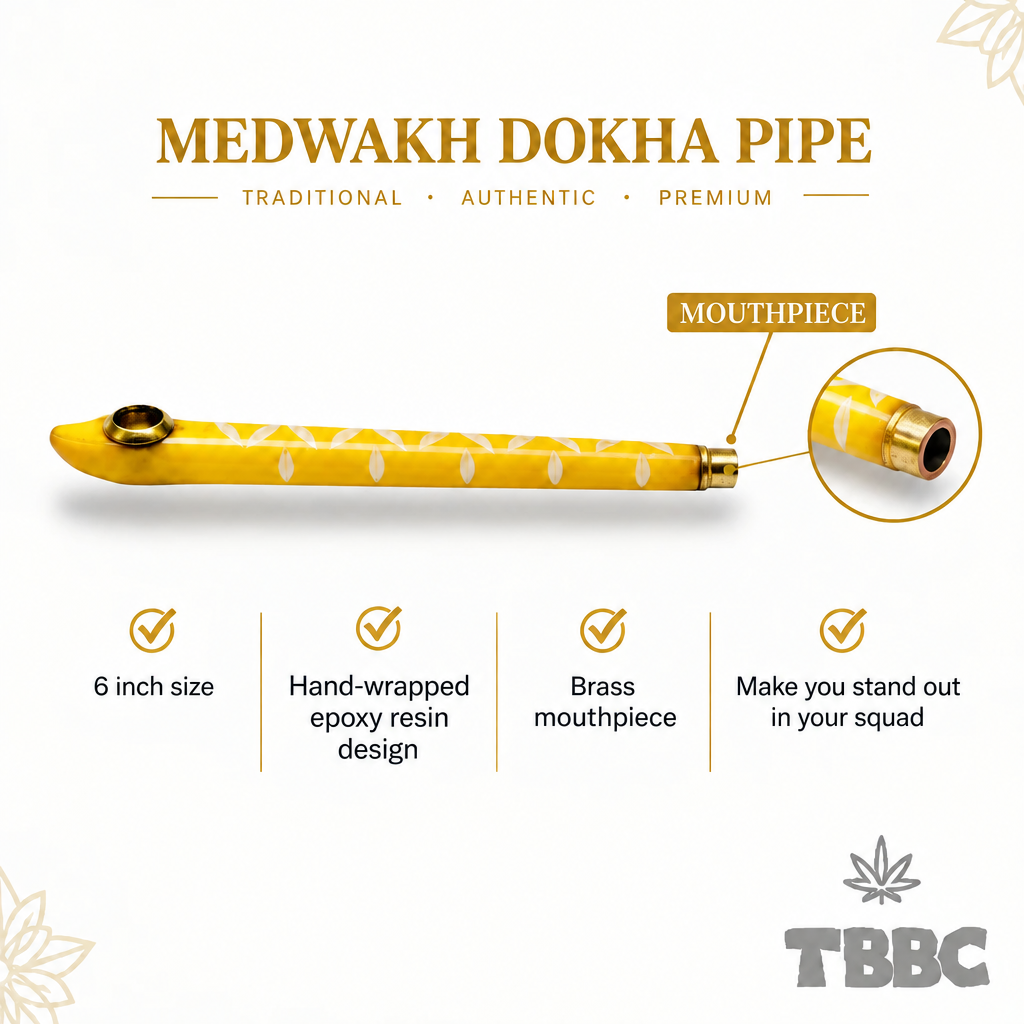 Medwakh Dokha Pipe Yellow Sun Drip infographic showing 6 inch size, hand-wrapped epoxy resin body, brass bowl cup and brass mouthpiece