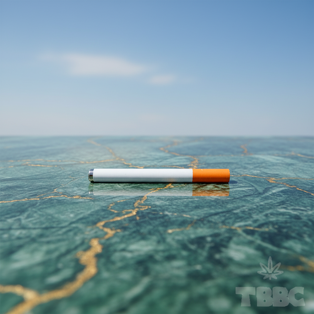 TBBC 3 inch metal one-hitter with slim white body, orange end and exposed metallic tip on marble and sky background