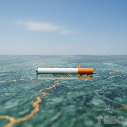 TBBC 3 inch metal one-hitter with slim white body, orange end and exposed metallic tip on marble and sky background