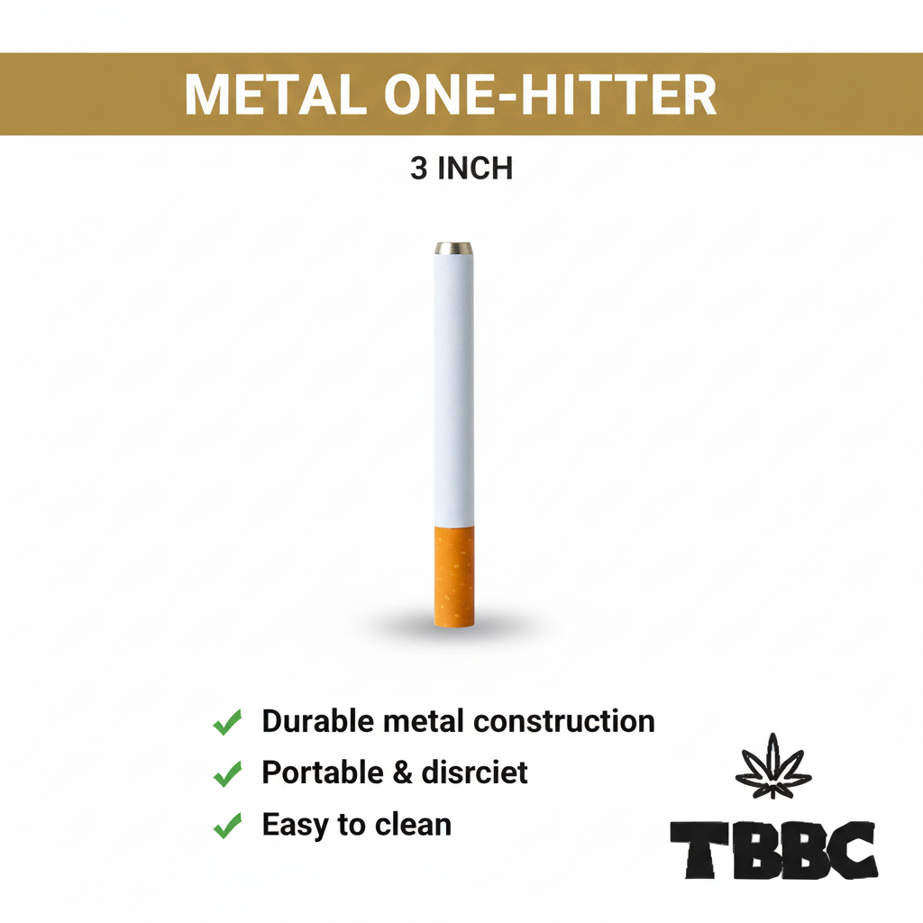 TBBC 3 inch metal one-hitter with slim white body and orange end, white background specifications infographic