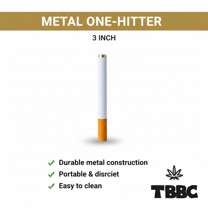 TBBC 3 inch metal one-hitter with slim white body and orange end, white background specifications infographic