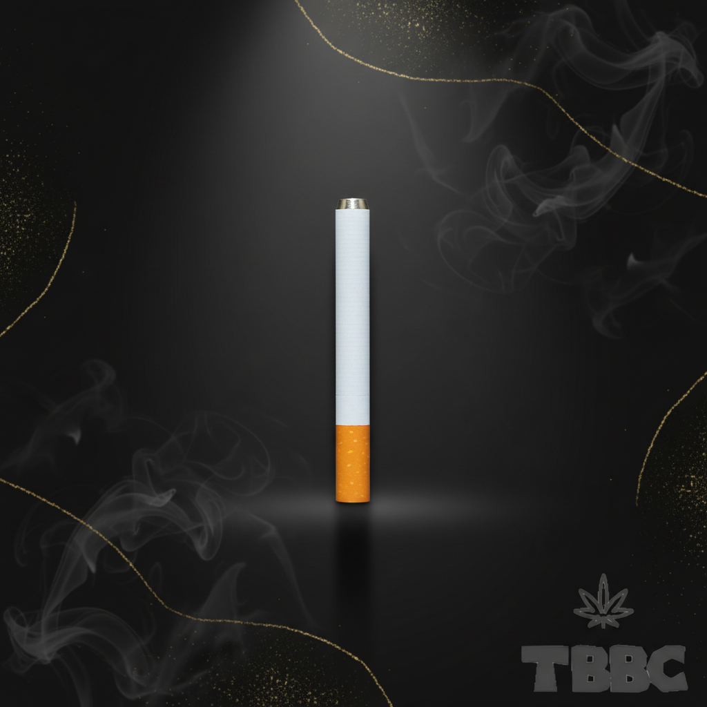 TBBC 4 inch metal one-hitter with slim white body, orange end and exposed metallic tip on dark luxury background