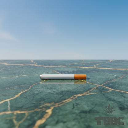 TBBC 4 inch metal one-hitter with slim white body, orange end and exposed metallic tip on marble and sky background