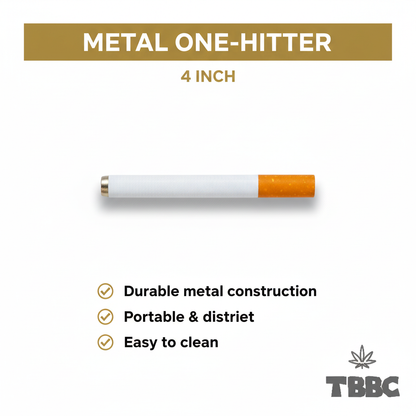TBBC 4 inch metal one-hitter with slim white body and orange end, white background specifications infographic