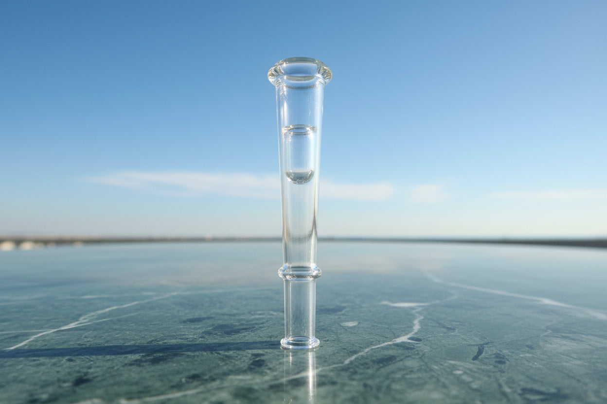 Clear glass smoking accessory held in a hand against a dark background