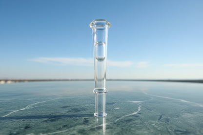Clear glass smoking accessory held in a hand against a dark background