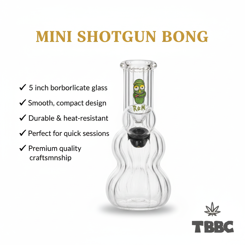 Mini Shotgun Bong, 5-inch borosilicate glass with diffuser percolator and 14 mm joint, product features infographic.