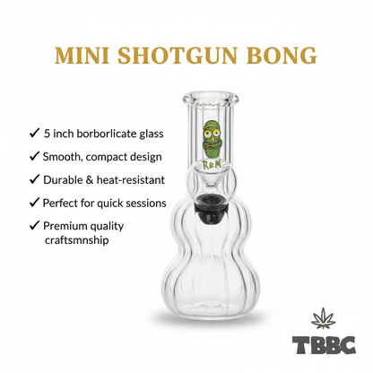Mini Shotgun Bong, 5-inch borosilicate glass with diffuser percolator and 14 mm joint, product features infographic.