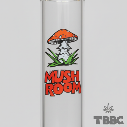 Mushroom artwork detail on clear Mushroom Zig Zag glass bong with red lettering and green grass design