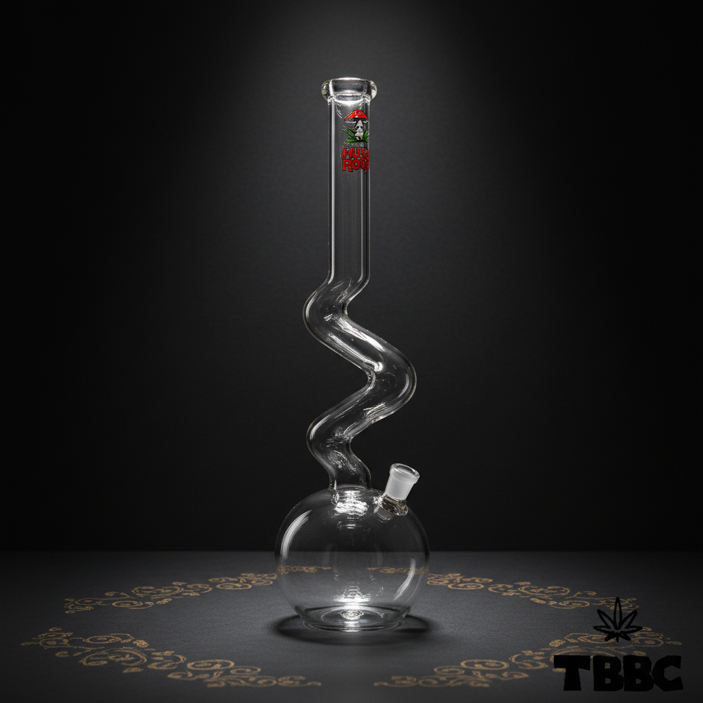 Mushroom Zig Zag 18 inch clear glass bong with 14mm joint and winding neck on dark background