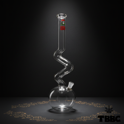 Mushroom Zig Zag 18 inch clear glass bong with 14mm joint and winding neck on dark background