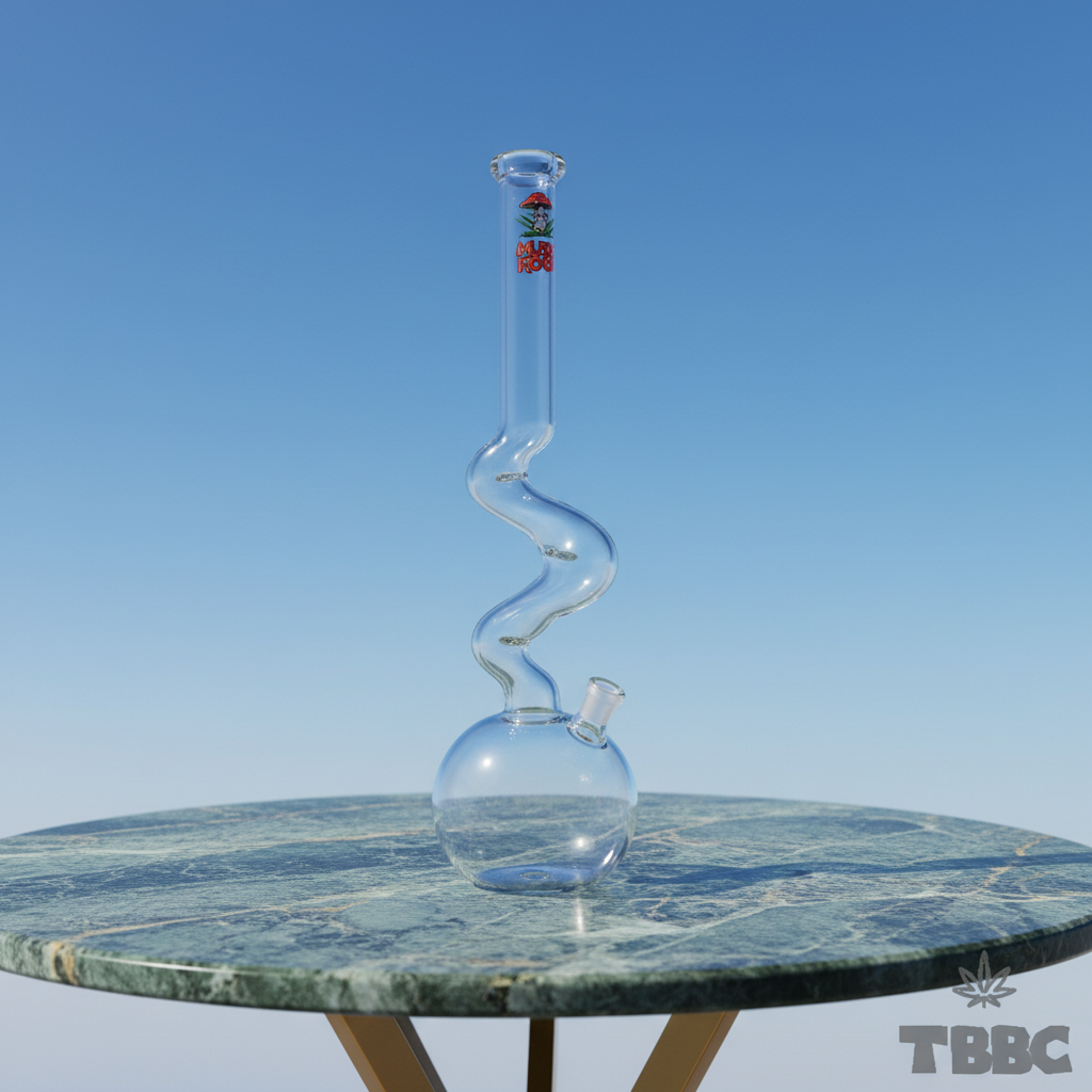 Mushroom Zig Zag 18 inch clear glass bong with winding neck and 14mm joint on marble and sky background