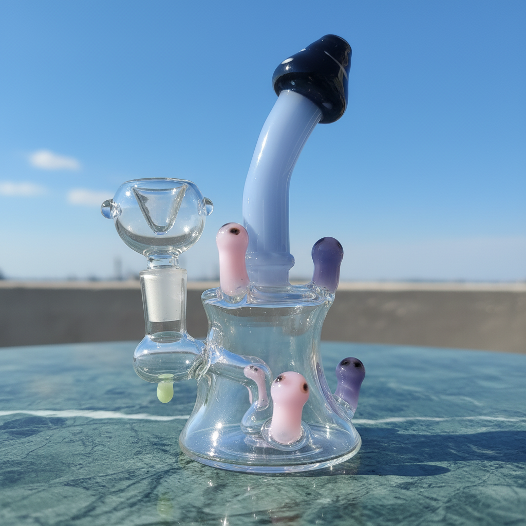 Mini glass rig side profile showing compact height and wide stable base, 6 inch borosilicate rig