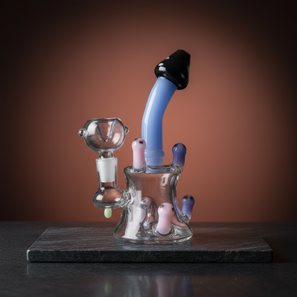 Mushroom mini borosilicate glass rig 6 inch with curved blue neck and black cap, compact premium smoking accessory