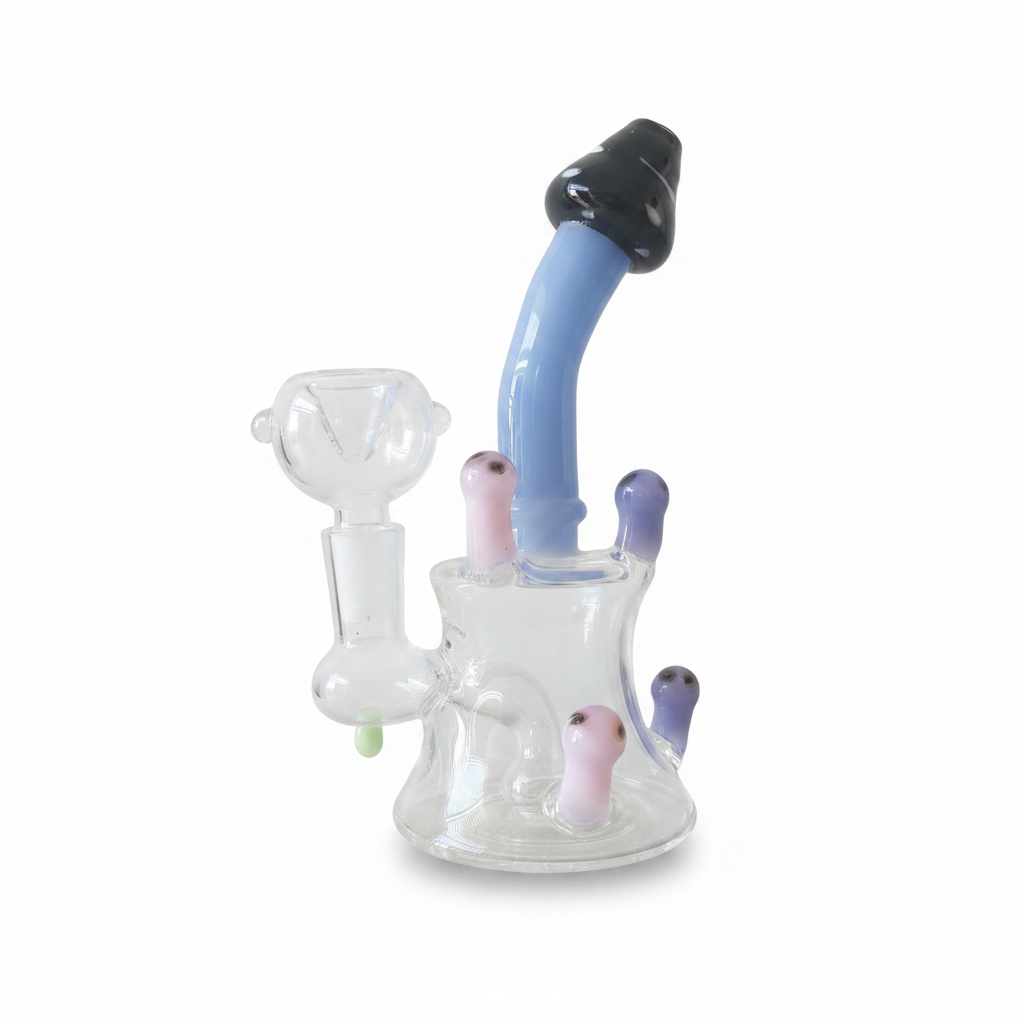 Small mushroom themed glass rig with stable base and clear chamber, premium design close-up