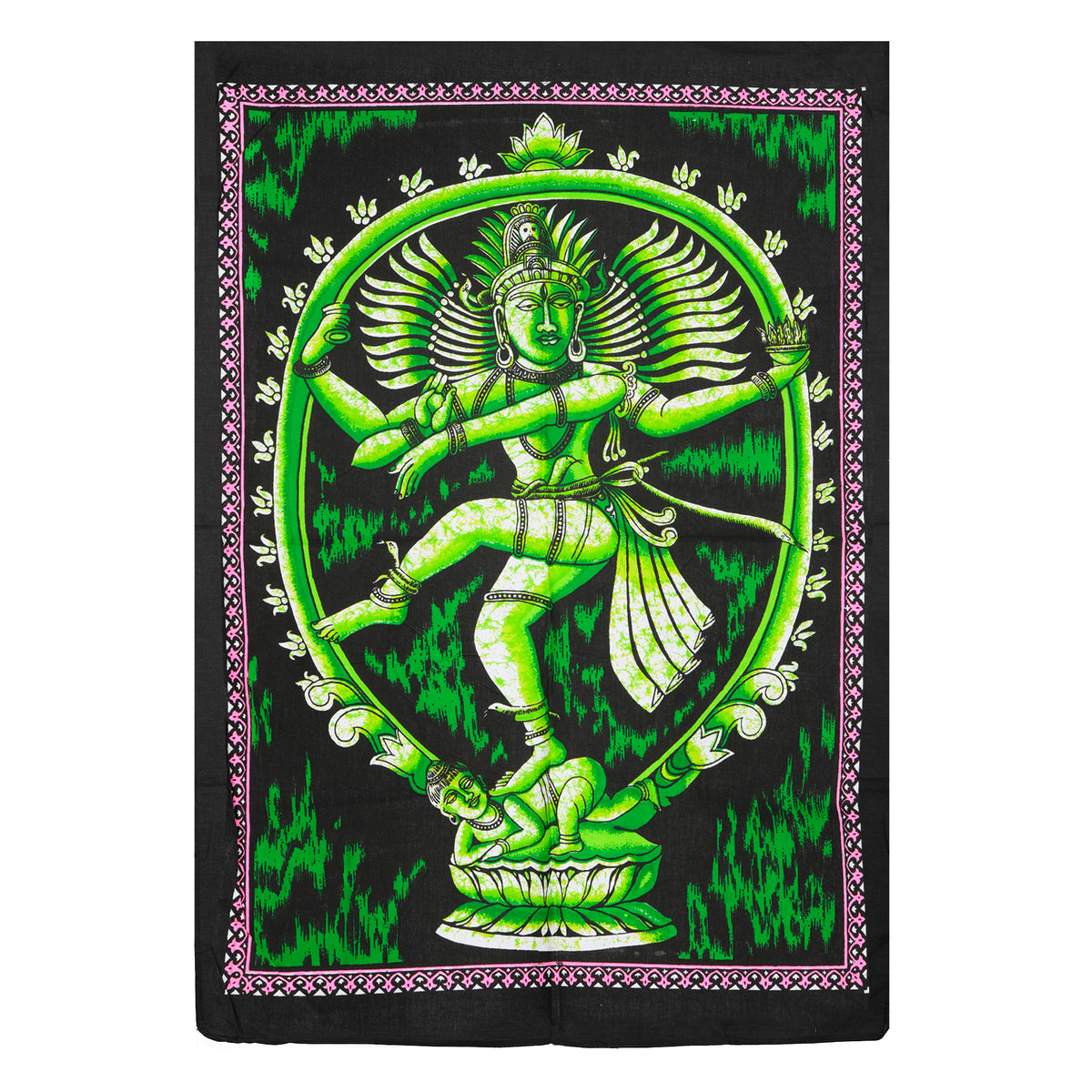 Natraj green printed fabric tapestry, 30 x 22 inches, featuring dancing Shiva artwork on a black background
