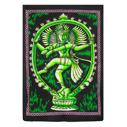 Natraj green printed fabric tapestry, 30 x 22 inches, featuring dancing Shiva artwork on a black background