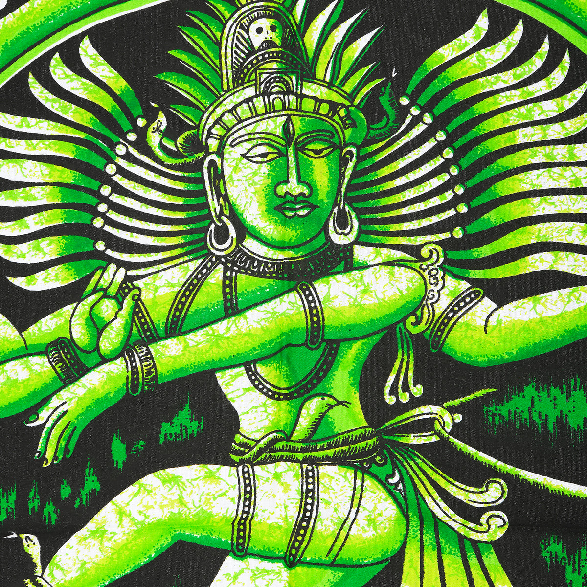 Close-up of Natraj green printed fabric tapestry showing detailed dancing Shiva artwork
