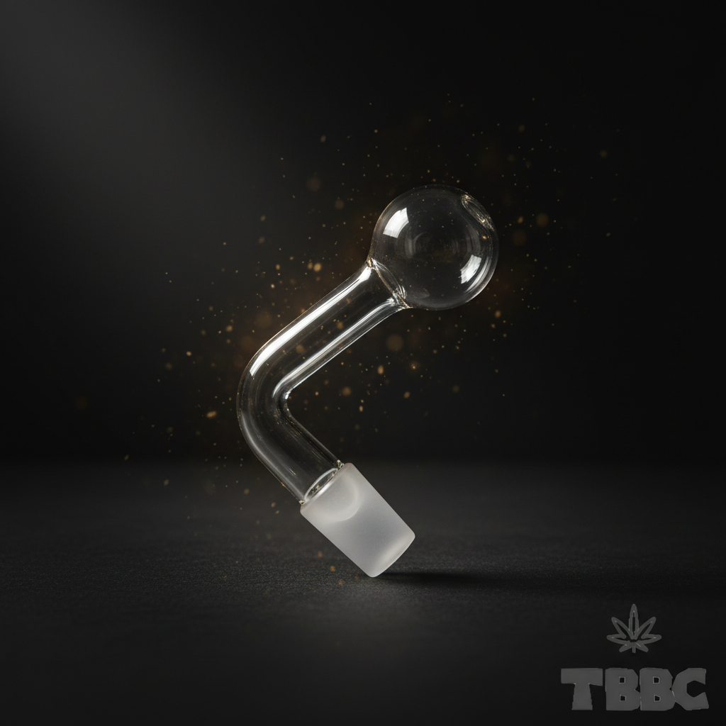 Clear borosilicate glass oil pipe attachment with curved neck and 14mm male joint on a dark background
