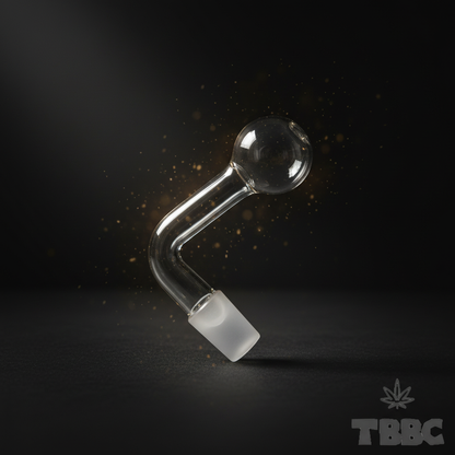 Clear borosilicate glass oil pipe attachment with curved neck and 14mm male joint on a dark background