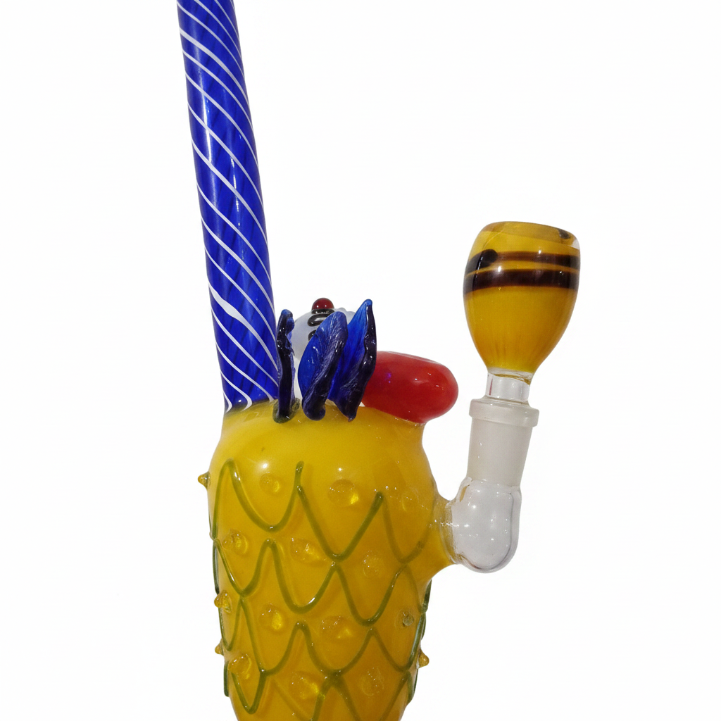     Pineapple Smoothie Bong 11 Inch – close-up detail of blue swirl neck, pineapple texture body and 14mm bowl, bongs near me in delhi ncr instant delivery