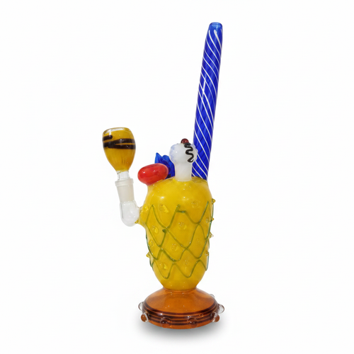 Pineapple Smoothie Bong 11 Inch – full view with blue swirl straw and yellow pineapple body on white background, bongs near me in delhi ncr instant delivery