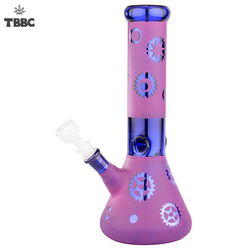 purple glass bong water pipe with blue accents and gear designs on a white background, featuring the TBBC logo. Instant delivery in delhi ncr, express delivery pan india, exporter for exclusive bongs india
