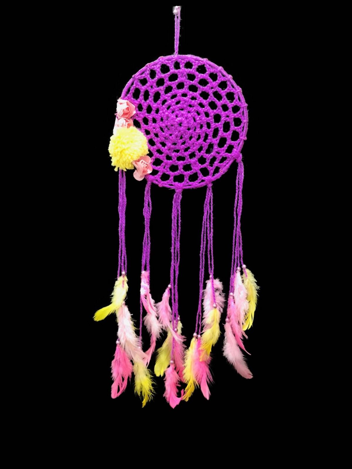 Yellow Flower With Purple Mesh Dream Catcher - 14 inches