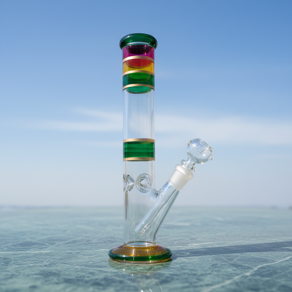 Rainbow striped ice catcher bong side profile showing 12 inch height and colorful bands, RainbowFlow design