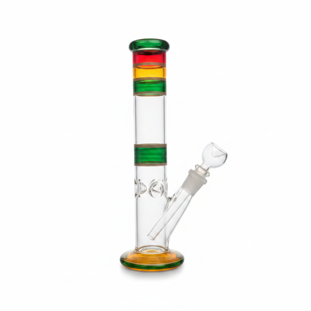 Rainbow striped glass bong with ice catcher opening and colorful design, clear chamber close-up