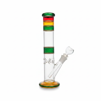 Rainbow striped glass bong with ice catcher opening and colorful design, clear chamber close-up