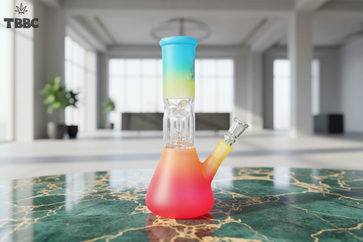 Gradient-colored glass smoking device with 'TBBC' branding on a white background, bongs instant delivery in delhi ncr