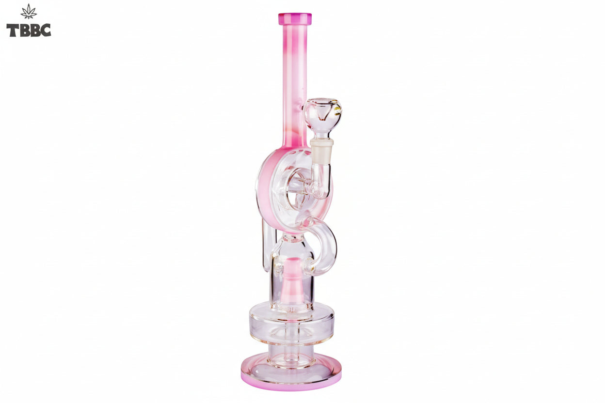A tall, 18 inches clear glass shower bong with a pink ring and chamber, featuring ice shower technology and a stoned glass design. Instant delivery in delhi ncr, exporter for bongs in INIDIA