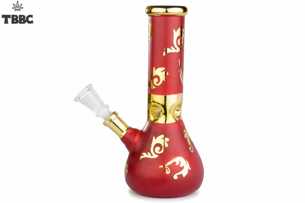 An 8 inch red velvet ice bong with golden accents and angel wing patterns on the bowl. Instant delivery Luxurious bongs india