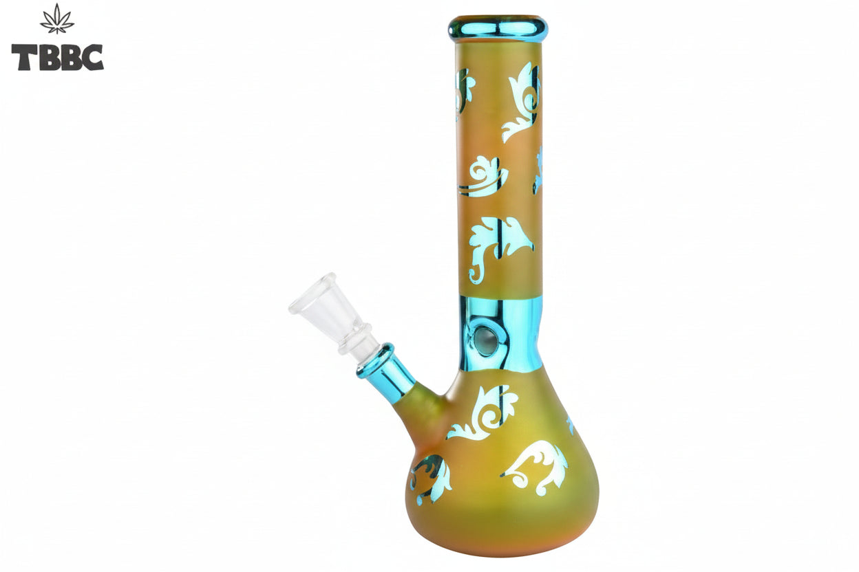 A 10-inch tall bong with a rust-colored finish and blue angel patterns. It has an ice catcher and is displayed against a white , background.INstant delivery in delhi ncr