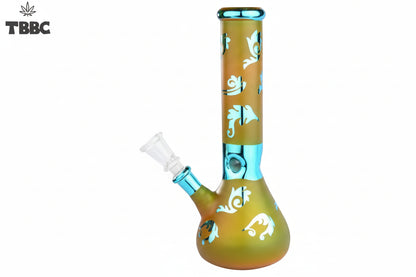 A 10-inch tall bong with a rust-colored finish and blue angel patterns. It has an ice catcher and is displayed against a white , background.INstant delivery in delhi ncr